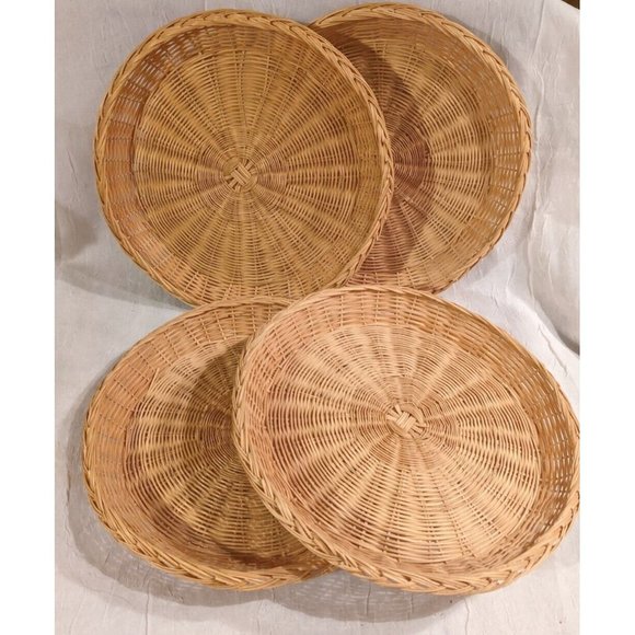 Vtg Chinese Cheese Bamboo Wicker Plates Chopsticks Service for 4 Platter Boho - Picture 4 of 15